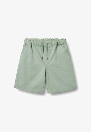 Shorts à taille élastique vert clair avec cordon de serrage et poches latérales, fabriqués en tissu doux.