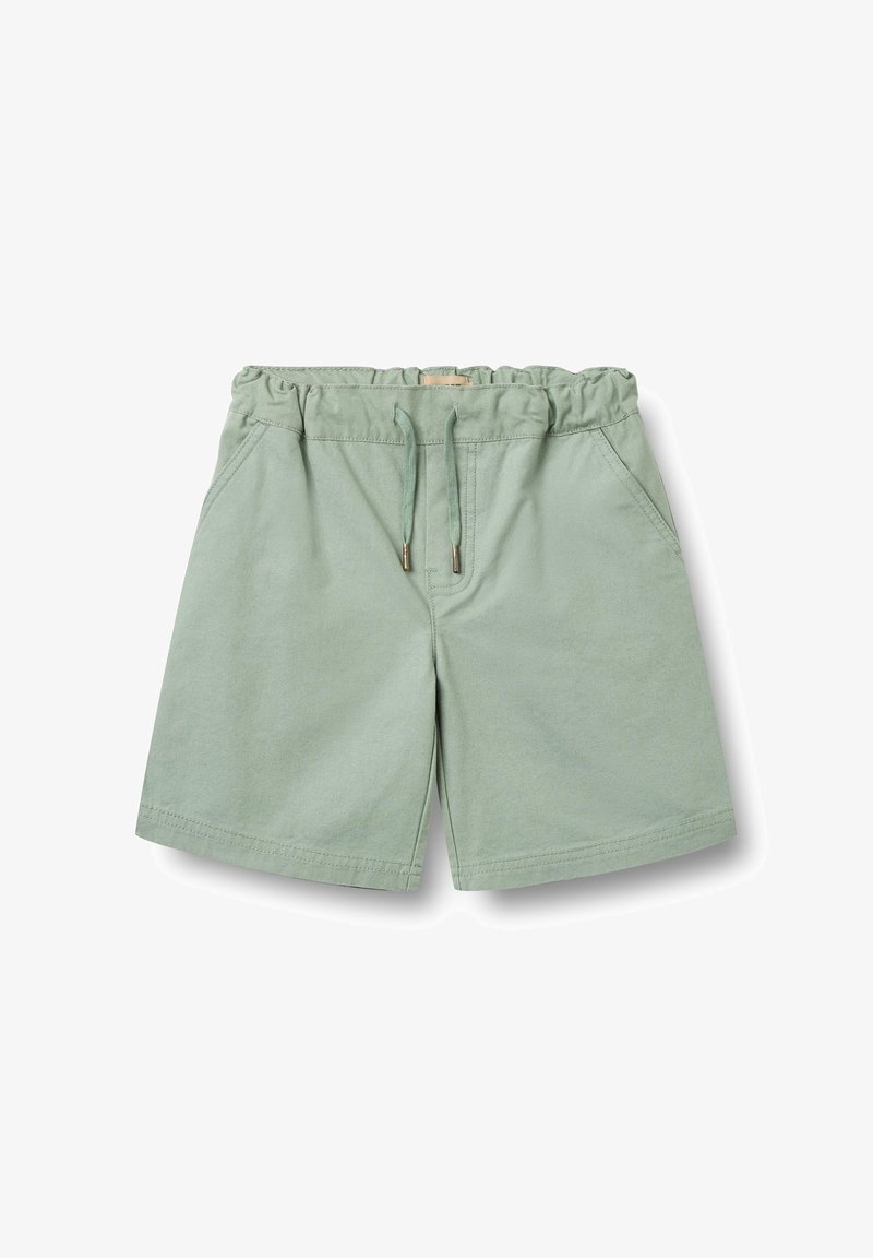 Light green elastic waist shorts with drawstring and side pockets, made from soft fabric.