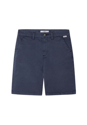 Pantalones cortos de algodón azul marino con una textura suave, con cierre de botón en la parte delantera, lazos para cinturón y dos bolsillos laterales. Diseño simple, sin patrones.