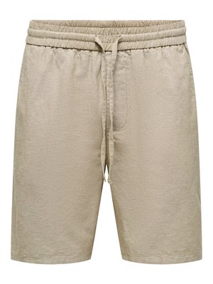 Short beige décontracté avec ceinture élastique et cordon, longueur genou, en tissu léger.