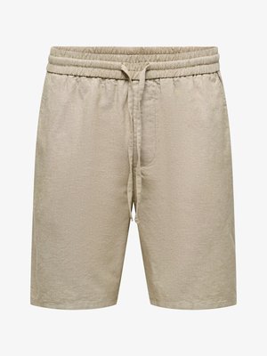 Short beige décontracté avec ceinture élastique et cordon, longueur genou, en tissu léger.