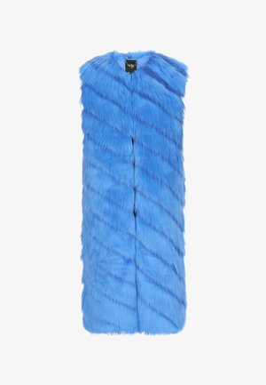 Faux fur veste i lys blå med et tekstureret, diagonalt stribemønster. Uden ærmer, med en rund halsudskæring og frontlukning.