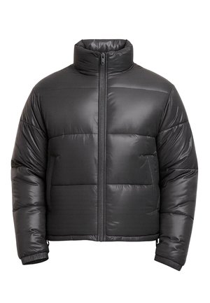 Schwarze gepolsterte Winterjacke mit hohem Kragen, durchgehendem Reißverschluss, langen Ärmeln und elastischen Bündchen.