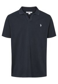 Granatowa koszulka polo z bawełny z klasycznym kołnierzykiem, krótkimi rękawami i małym haftowanym logo na piersi.
