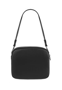 Bolso de hombro de cuero negro texturizado con forma rectangular redondeada, cierre de cremallera en la parte superior y correa ajustable con ganchos de metal.