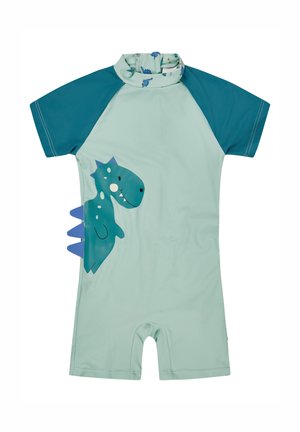 Light blue and teal toddler swimsuit with short sleeves, a dinosaur graphic on the side, and three-dimensional blue spikes along the back.