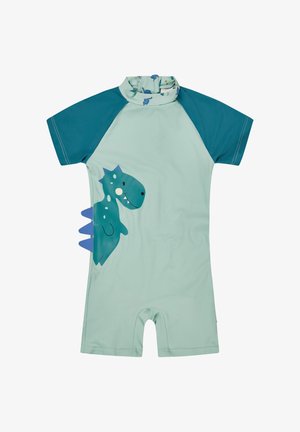 Hellblauer und türkisfarbener Badeanzug für Kleinkinder mit kurzen Ärmeln, einem Dinosaurier-Motiv an der Seite und dreidimensionalen blauen Stacheln entlang des Rückens.