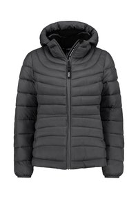 Grau isolierte Daunenjacke mit Kapuze, gestepptem Design, frontales Reißverschluss-Schließen, elastischen Bündchen und Taschen an den Seiten. Glatte Textur.