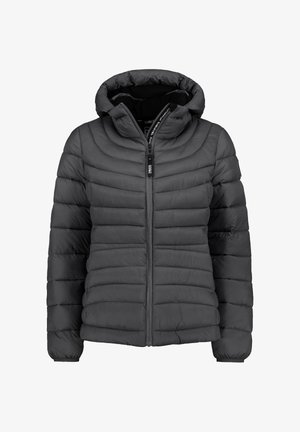 Grau isolierte Daunenjacke mit Kapuze, gestepptem Design, frontales Reißverschluss-Schließen, elastischen Bündchen und Taschen an den Seiten. Glatte Textur.