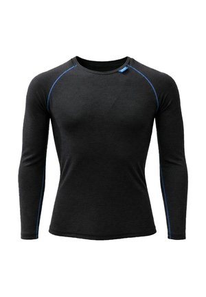 Schwarzes, langärmeliges, eng anliegendes Sportshirt mit blauen Nahtakzenten entlang der Schultern und Ärmel, rundem Ausschnitt und kleinem Logotag in der Nähe des Kragens.