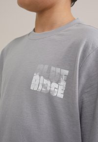 Gaišs pelēks kokvilnas T-krekls ar baltu grafisko logotipu uz krūtīm, kuram ir teksturēta apdare. Arapa kakla un brīvs piegriezums.