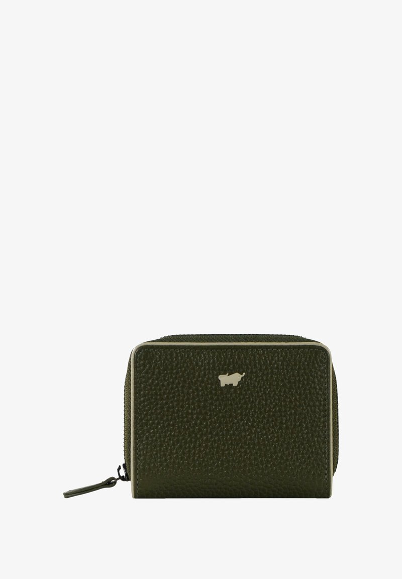 Portafoglio in pelle verde testurizzata con chiusura a zip, caratterizzato da un piccolo logo argentato sulla parte anteriore. Forma rettangolare, design compatto.