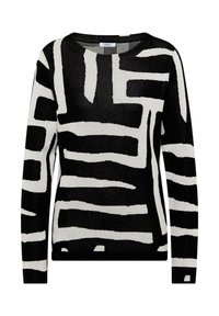 Czarny i biały sweter dzianinowy z długim rękawem, z abstrakcyjnym geometrycznym wzorem w paski oraz okrągłym dekoltem.
