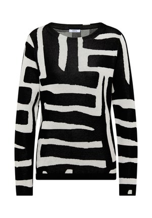 Czarny i biały sweter dzianinowy z długim rękawem, z abstrakcyjnym geometrycznym wzorem w paski oraz okrągłym dekoltem.