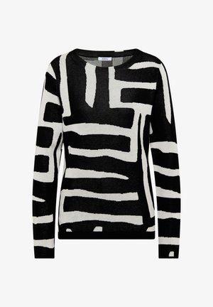 Maglione a maniche lunghe in nero e bianco, realizzato a maglia, con un motivo a strisce geometriche astratte e scollo rotondo.