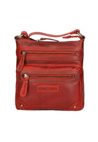 Borsa a tracolla rossa in pelle con due tasche frontali con zip, logo impresso e cuciture decorative. Design compatto con una tracolla.