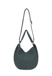 Borsa a spalla in suede verde scuro con due manici: uno corto imbottito e uno lungo regolabile con ganci metallici.