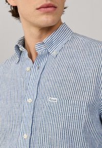 Uomo che indossa una camicia a righe verticali blu e bianche con tasca e colletto con bottoni, visibile dal collo a metà petto.