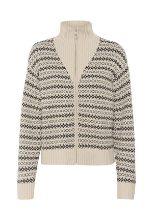 Maglione beige con zip e colletto alto, caratterizzato da un motivo geometrico nero sul petto e sulle maniche. Polsini e orlo a coste.