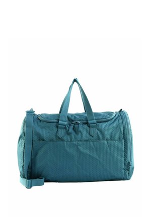Sac polochon en tissu doux couleur sarcelle avec doubles poignées, bandoulière réglable, poche avant et fermeture éclair supérieure sur fond blanc.