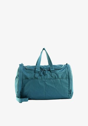 Sac polochon en tissu doux couleur sarcelle avec doubles poignées, bandoulière réglable, poche avant et fermeture éclair supérieure sur fond blanc.