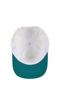 Cap with a green cotton brim and white cotton body. Features vent holes and a smooth interior. Designed for comfort and breathability.