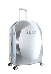 Hard-shell suitcase in light blue with a diamond pattern. Features a telescopic handle, dual zippers, and four multi-directional wheels.