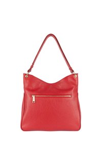 Borsa a spalla in pelle rossa con superficie testurizzata, bordo superiore curvo e tasca frontale con zip. Presenta dettagli in metallo color oro.