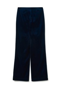 Navy-velours weite Hosen mit glatter Textur, geradem Schnitt und umgeschlagenem Saum ohne sichtbare Taschen.