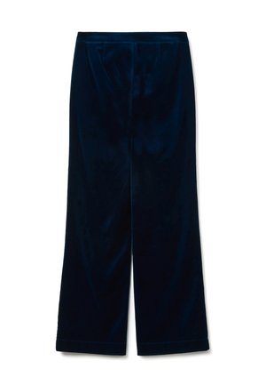 Pantalones de ancho de pierna en terciopelo azul marino con una textura suave, corte recto y dobladillo plegado sin bolsillos visibles.