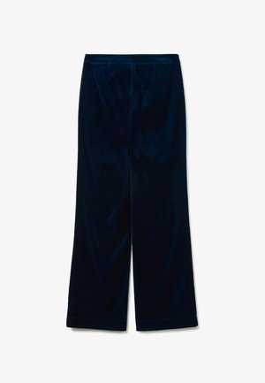 Navy velvet wide-leg trousers featuring a smooth texture, straight cut, and folded hem with no visible pockets.