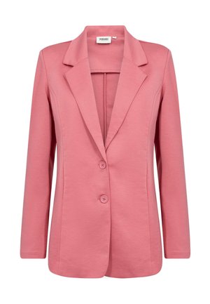 Rožinės spalvos siuvinėtas švarkas su įpjautomis atvartomis, dviem priekinėmis sagomis ir ilgomis rankovėmis, sukurtas aptemptam siluetui.