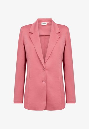 Rožinės spalvos siuvinėtas švarkas su įpjautomis atvartomis, dviem priekinėmis sagomis ir ilgomis rankovėmis, sukurtas aptemptam siluetui.