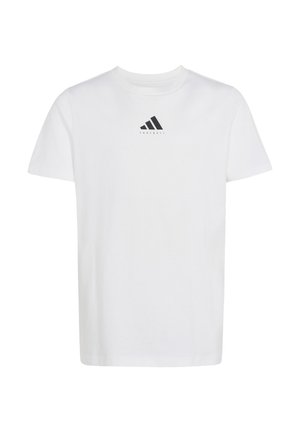 Weißes Adidas T-Shirt mit kurzen Ärmeln, schwarzem Logo und dem Wort „Football“ zentriert unter dem Logo auf der Brust.