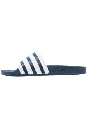 Navy blue and white Adidas slide sandal with three navy stripes on the white strap and Adidas logo on the side of the sole.