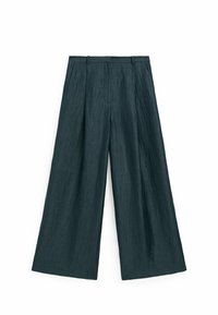 Wide-leg trousers in dark teal, made from textured fabric. Features a high waist and front pleats, offering a relaxed, airy silhouette.