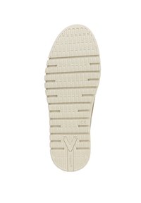 White rubber sneaker sole with textured grooves and a "V" logo. Features ridged patterns for grip and stability.