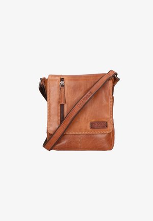 Borsa a tracolla in pelle marrone con tasca frontale con zip, tracolla regolabile e logo impresso. Texture liscia e forma quadrata.