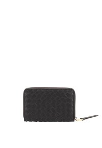 Black leather wallet featuring a woven pattern, rectangular shape, zip closure, and a wrist strap for easy carrying. Gold hardware accents.