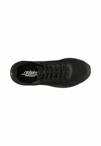 Black athletic shoe with breathable mesh upper, flat laces, padded collar, and textured sole. "Relaks" logo on insole.