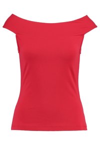 Red, off-the-shoulder top made of smooth, stretchy fabric. Fitted shape with short sleeves and no visible patterns or hardware details.