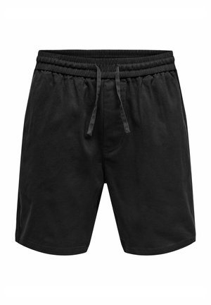 Shorts noirs décontractés avec taille élastique et cordon de serrage à l'avant, longueur mi-cuisse, design uni, adaptés pour le sport ou les loisirs.