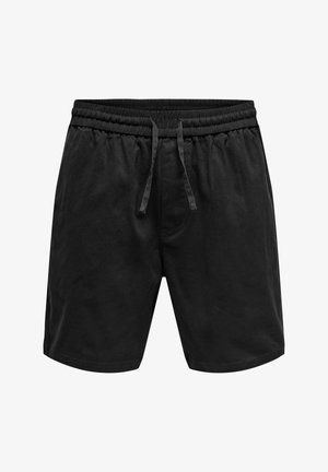 Sorte afslappede shorts med elastisk talje og snøring foran, midt på låret længde, ensfarvet design, velegnet til sport eller fritid.