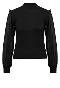 Suéter negro de punto con mangas largas transparentes y abullonadas, que presenta puntos en relieve y detalles con volantes en las costuras de los hombros.