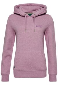 Sudadera de color rosa con capucha, fabricada en tejido suave, que cuenta con un bolsillo canguro en la parte frontal, capucha ajustable con cordón y un logo bordado en el pecho.