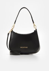 Black leather handbag with a curved silhouette, gold hardware accents, and embossed brand logo. Features a single shoulder strap.