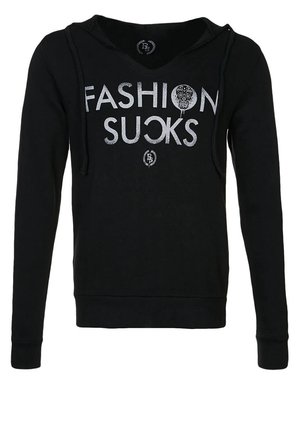 Sweat à capuche noir à manches longues avec texte argenté "FASHION SUCKS" et un crâne décoratif remplaçant la lettre O dans "FASHION".