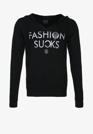 Sweat à capuche noir à manches longues avec texte argenté "FASHION SUCKS" et un crâne décoratif remplaçant la lettre O dans "FASHION".