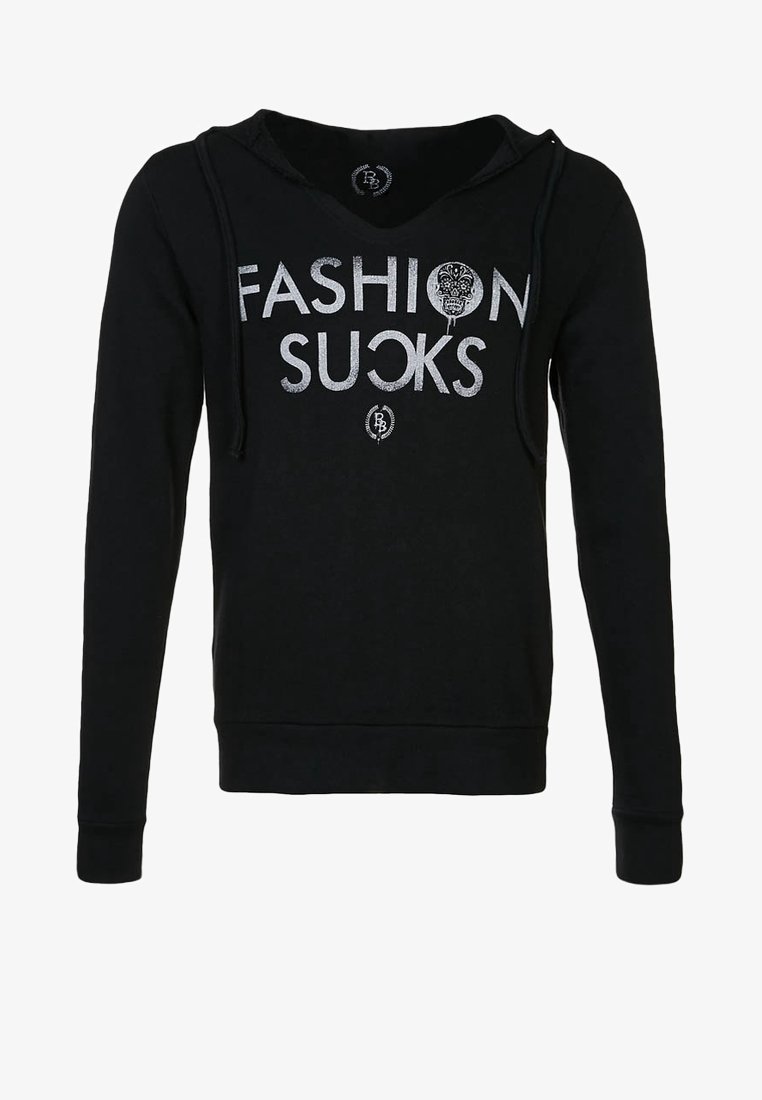 Sweat à capuche noir à manches longues avec texte argenté "FASHION SUCKS" et un crâne décoratif remplaçant la lettre O dans "FASHION".
