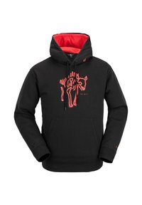 Felpa nera con interno rosso, caratterizzata da una grafica disegnata a mano in rosso sul davanti. Include una tasca a marsupio e cappuccio con cordino.